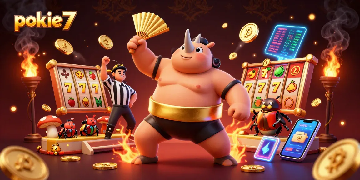 Engaging pokie7 action scene with cartoon beetle champions and slot elements in a casino
