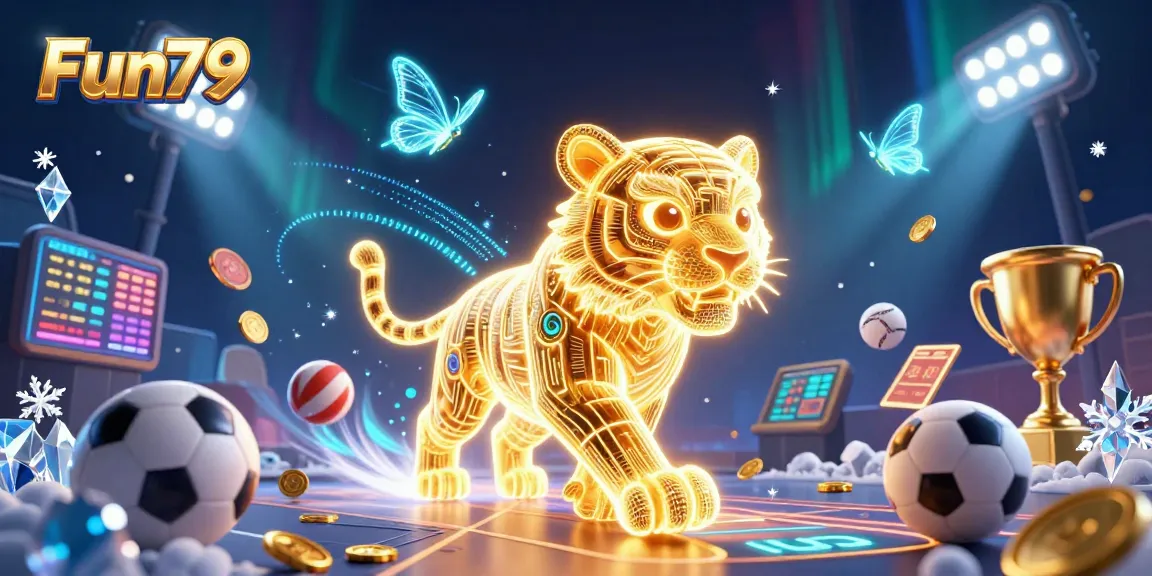 Experience Fun79 with a vibrant casino illustration showcasing a neon golden tiger surrounded by dynamic gaming elements.