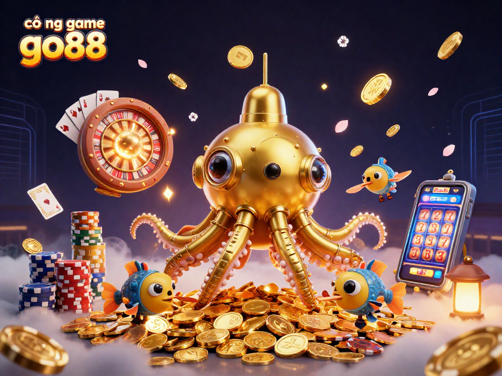 Tham gia giải trí thú vị tại cổng game go88 với hình ảnh hấp dẫn đầy vàng và nhân vật 3D.