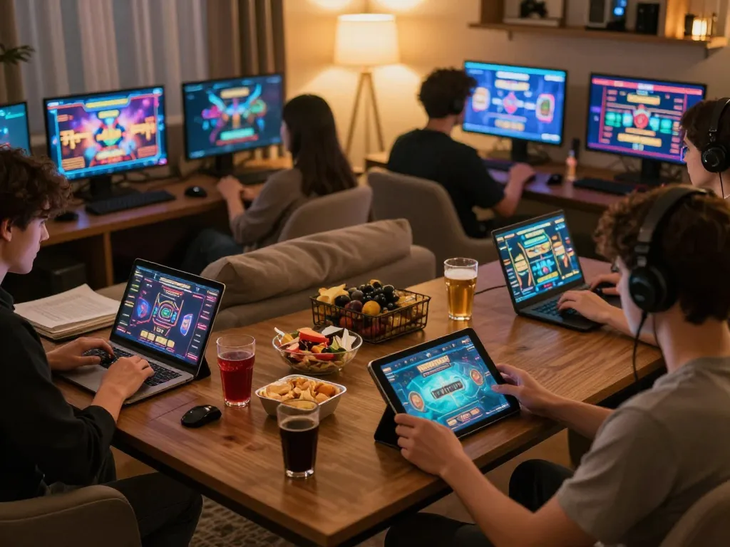 Players engage in strategic betting on cm88-vn using tablets and laptops in a cozy online gaming setup.