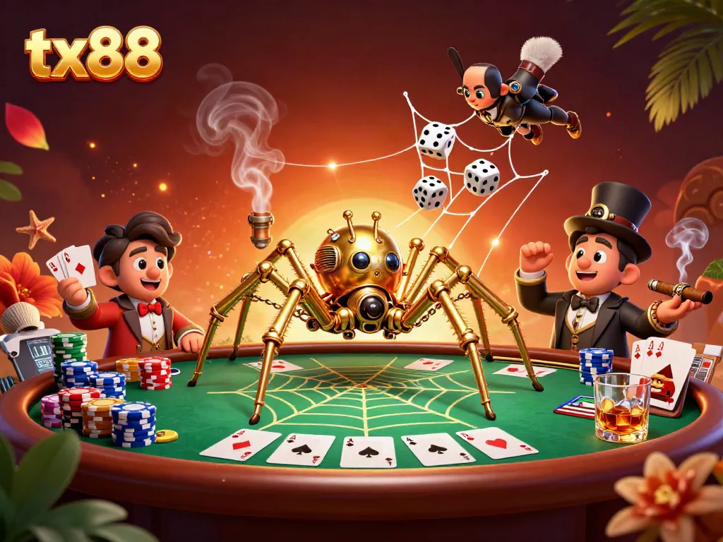 Engage with the thrill of tx88 as a steampunk spider traps dice in a lavish casino scene full of poker elements.