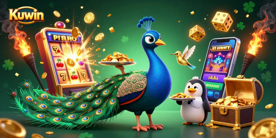 Kuwin features thrilling casino action with a peacock and friends celebrating a jackpot explosion