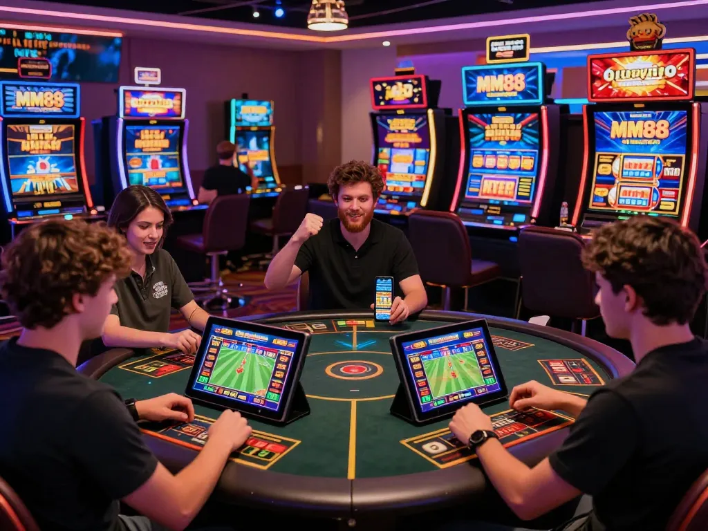 Engaged players enjoying a fun experience at nhà cái MM88, showcasing sports betting, casino games, and customer support in a vibrant online environment.