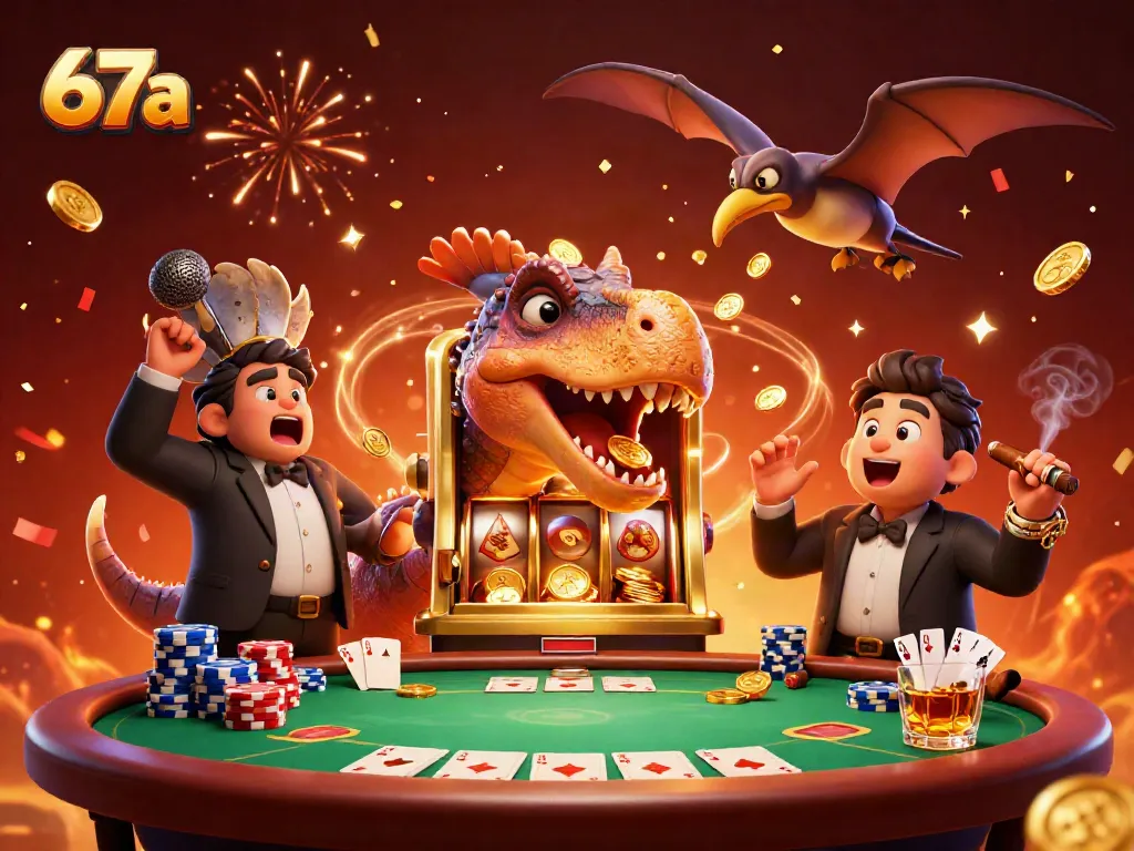 Engage with 67a's vibrant casino world as a pachycephalosaurus headbutts a jackpot machine, with celebrating characters.