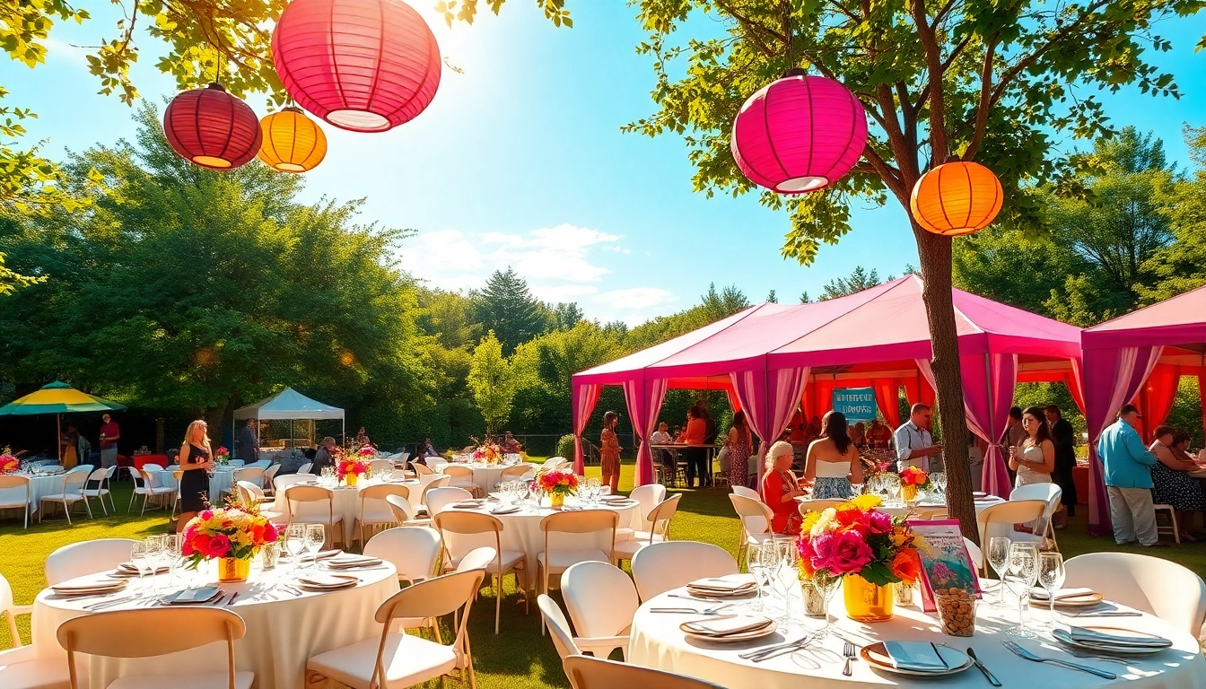 Celebrate with vibrant outdoor party rentals in a beautiful garden setting.