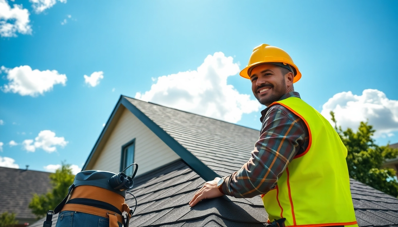 Roofing company contractor inspecting a residential roof for quality assurance.