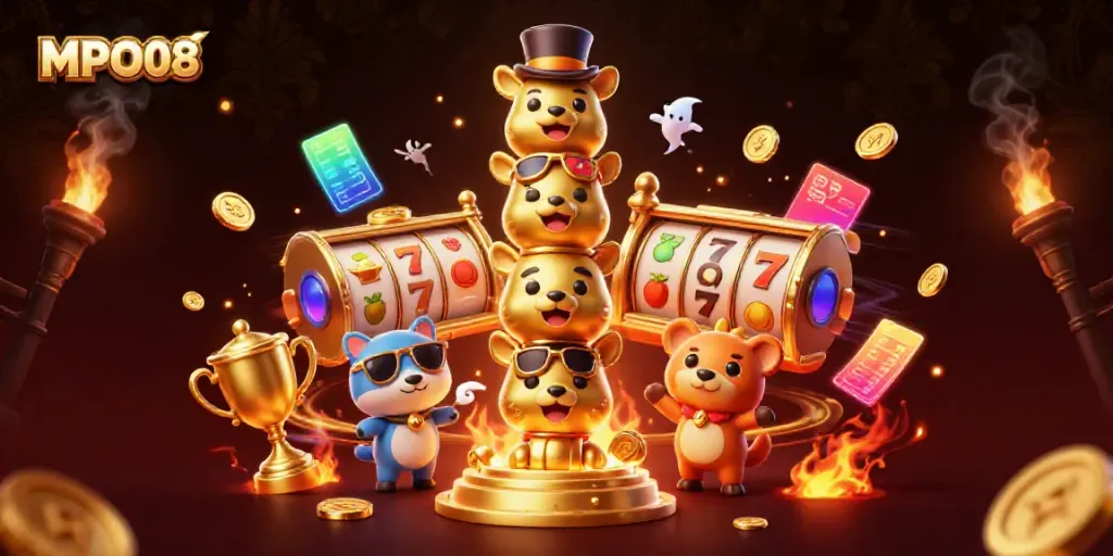 MPO08 offers engaging slot gaming experience with golden totem, vibrant casino elements, and dynamic action.