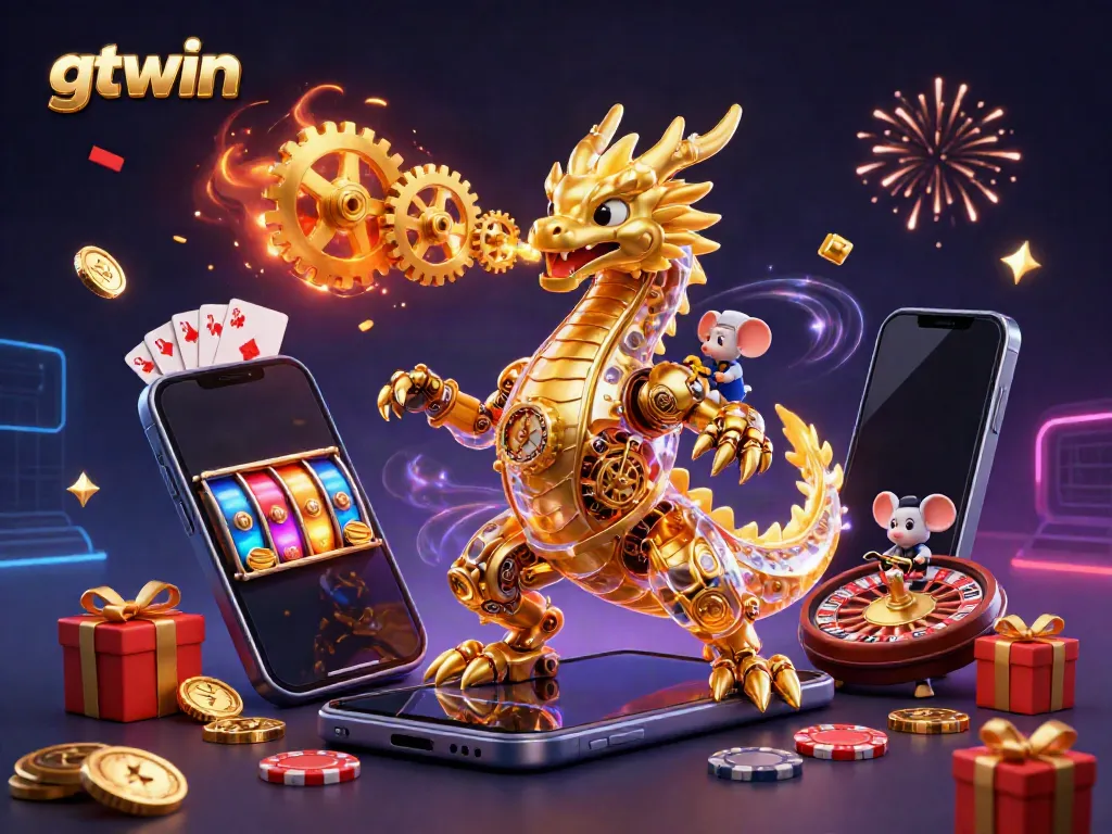 gtwin showcases an imaginative scene with a dragon and a mouse engineer amidst vibrant casino elements and joyful energy.