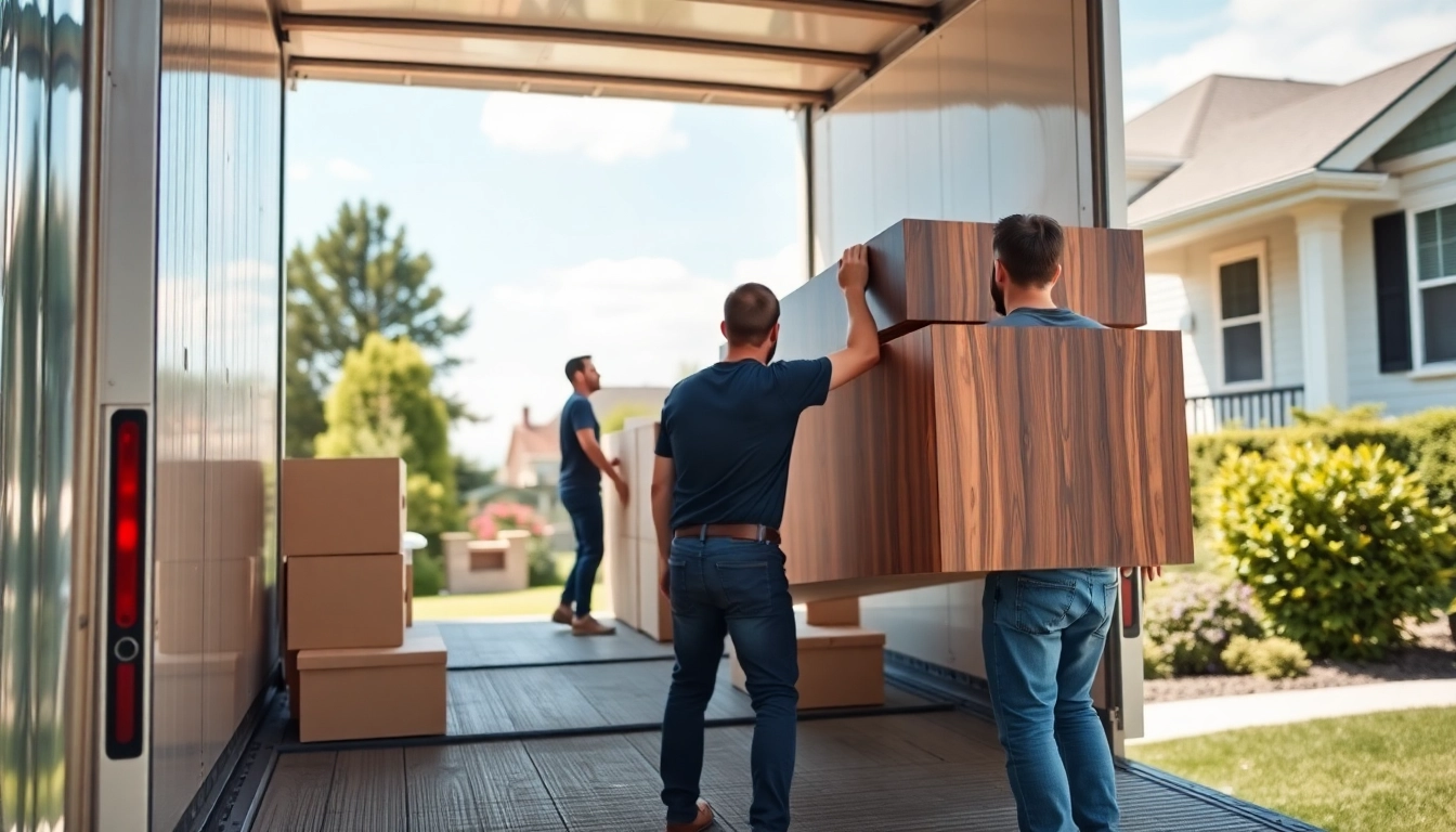 Calgary movers efficiently loading furniture into a truck during a bright, sunny day.