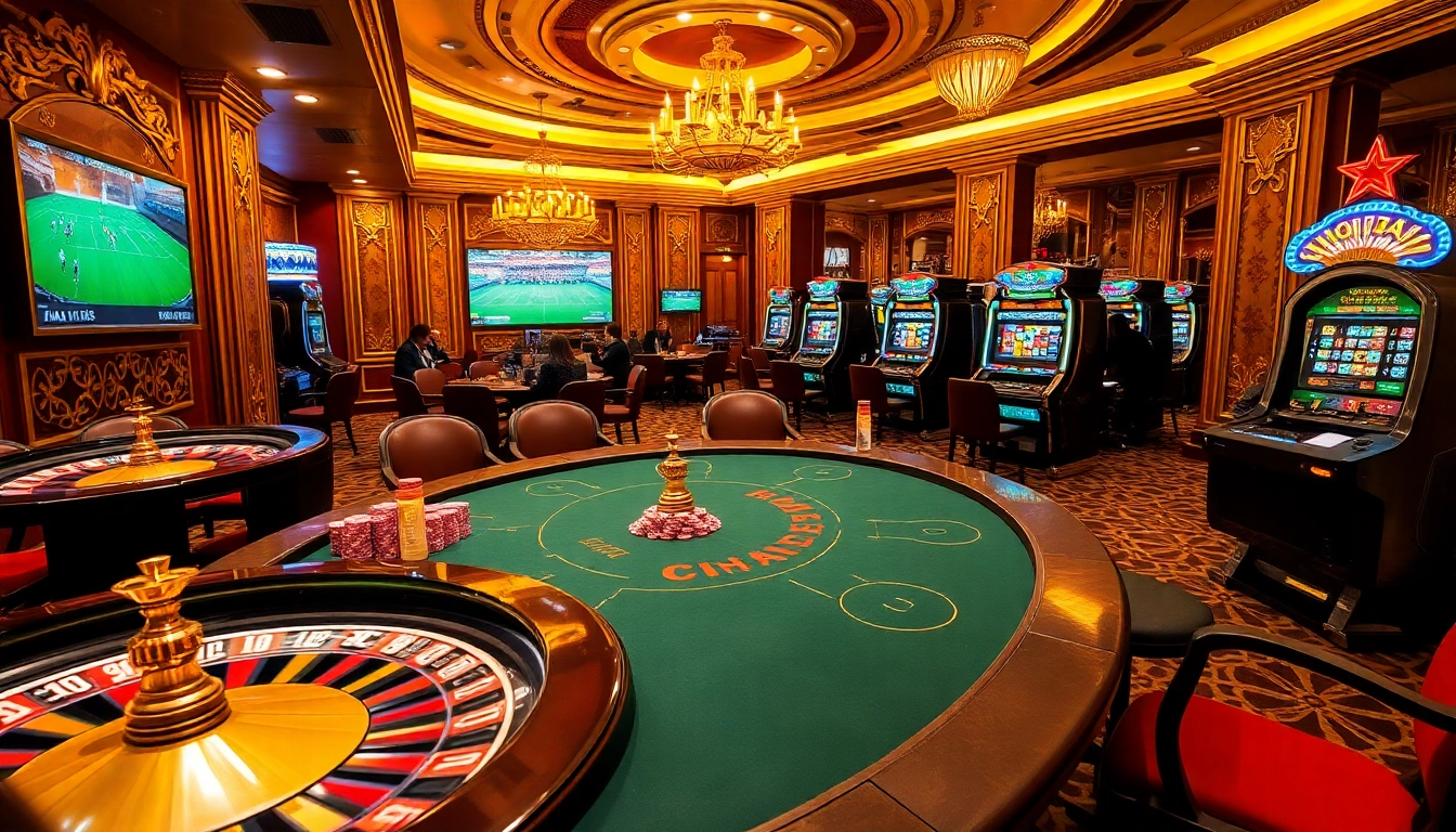 Cakhiatv scene with players at a poker table, roulette wheel, and football match displays.