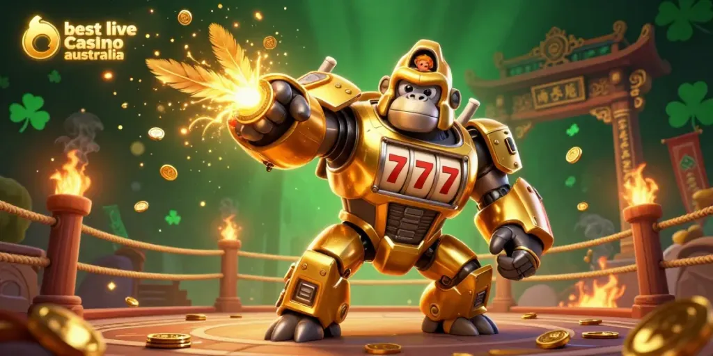 Engage with the exciting best live casino australia featuring a golden gorilla mech bursting with coins.