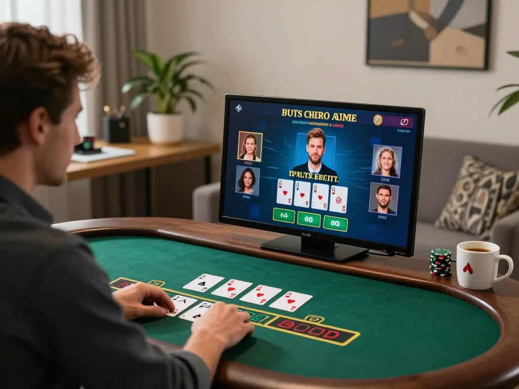 Engaged player enjoying a live dealer blackjack game on LuckyWin platform in stylish home office.