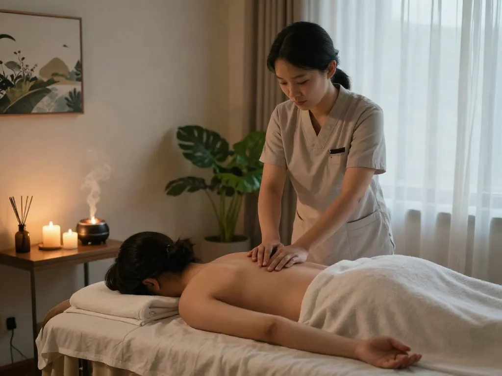 Relaxing 성북출장안마 massage therapy session in serene wellness room with calming decor and ambient lighting.