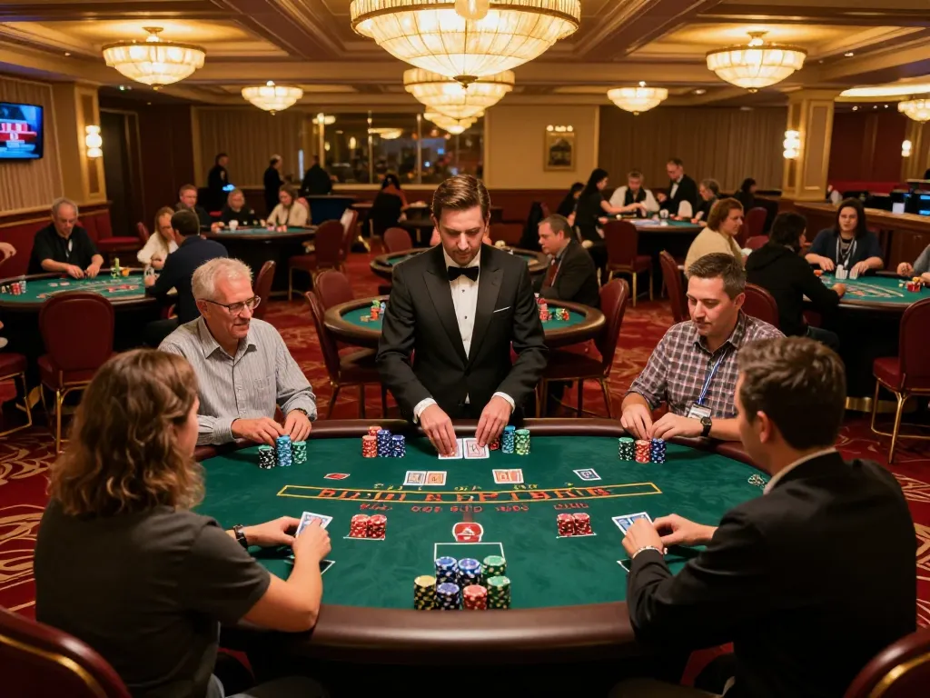 Players at a blackjack table strategizing their bets in a vibrant casino, highlighting 789.