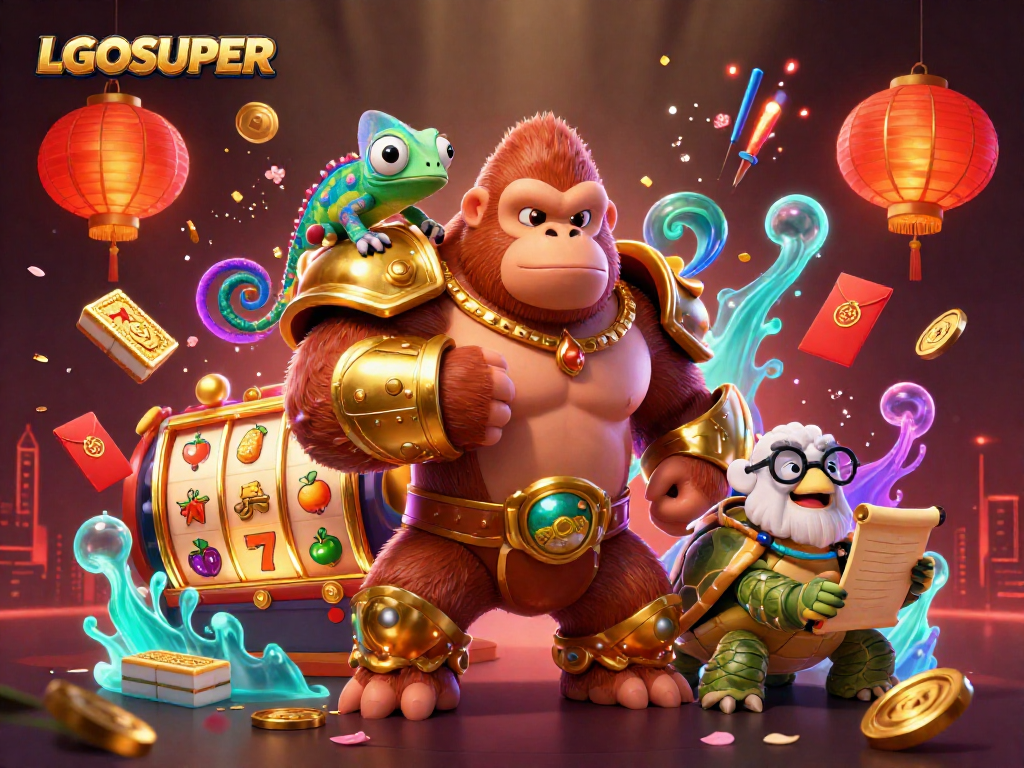 Engage with LGOSUPER in a thrilling scene of casino adventure featuring dynamic characters and vibrant gaming elements.
