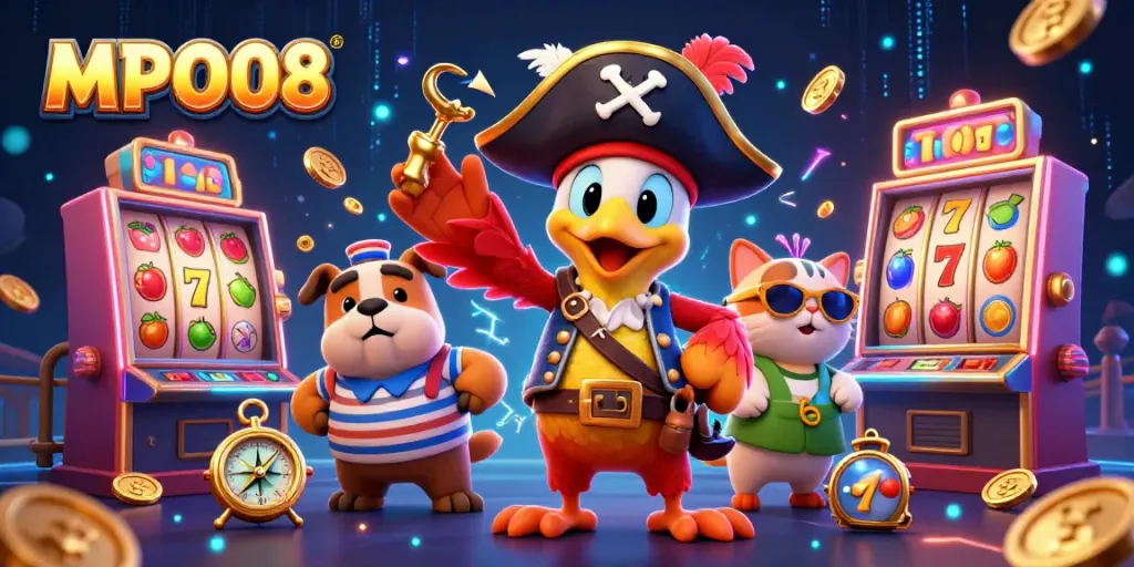 MPO08 showcases an exciting online casino adventure with vibrant characters and dynamic slot game elements.