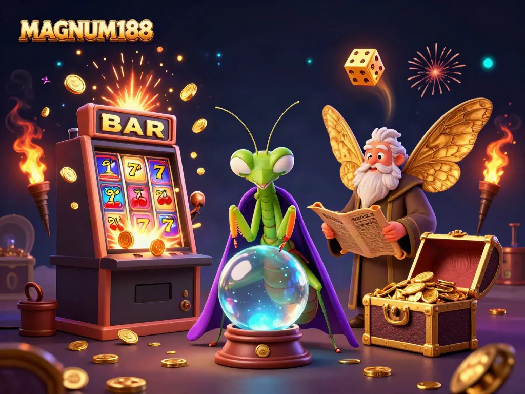 Experience MAGNUM188's magical gaming world with vibrant slot machines and enchanting characters.