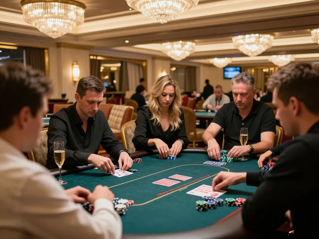 Players at an upscale casino in a high-roller room strategically engaging in poker, showcasing 789's elite gaming experience