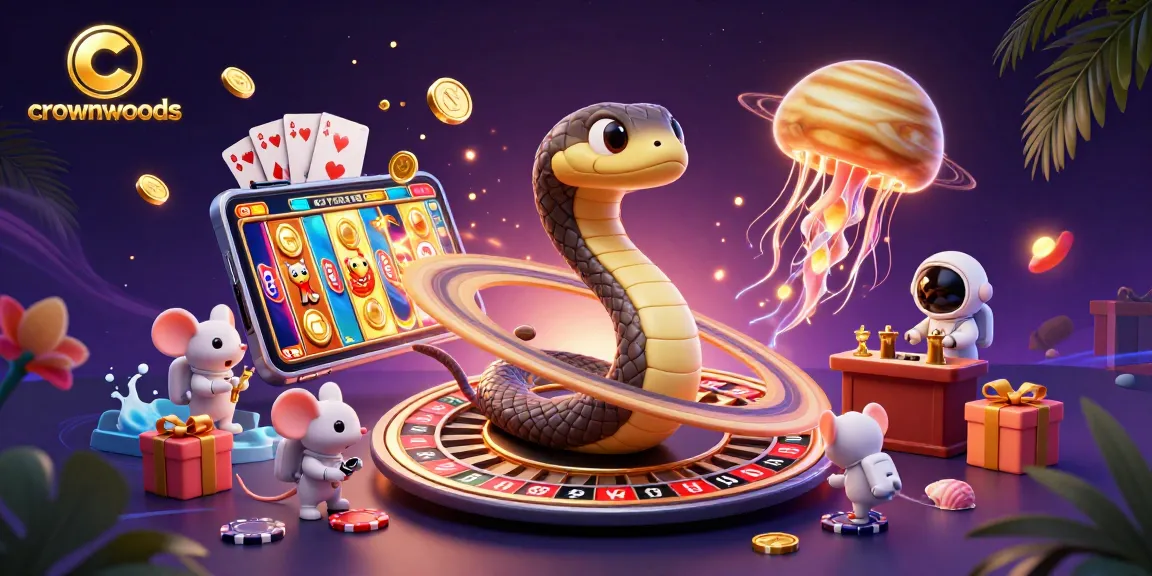 Crownwoods showcases a vibrant casino scene with a Saturn ring snake and astronaut mice in an engaging gaming atmosphere.