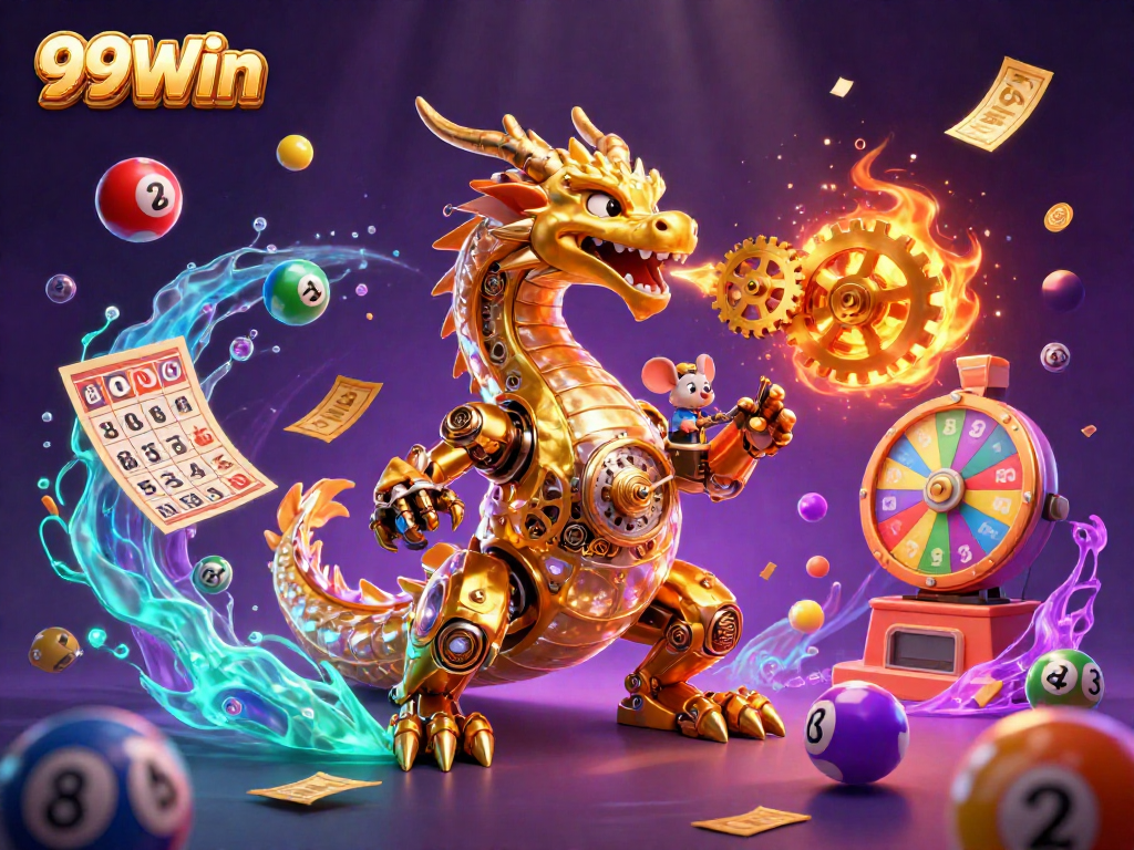 Win big with 99Win among vibrant lottery games and rich casino elements in this dynamic illustration.