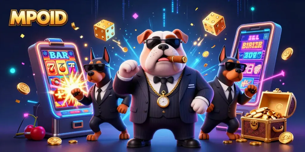 MPOID showcases a cartoon mafia bulldog with bodyguards amid a jackpot explosion in a vibrant casino illustration.