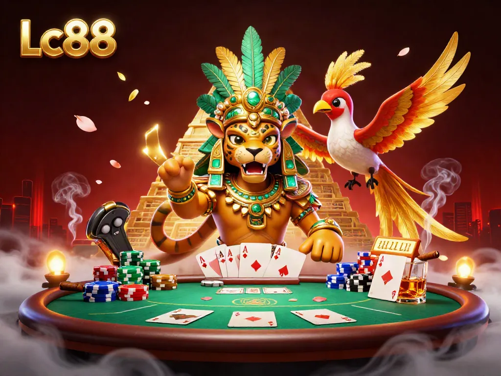 Engage with Lc88's vibrant casino scene featuring a Mayan priest, poker elements, and golden aesthetics.