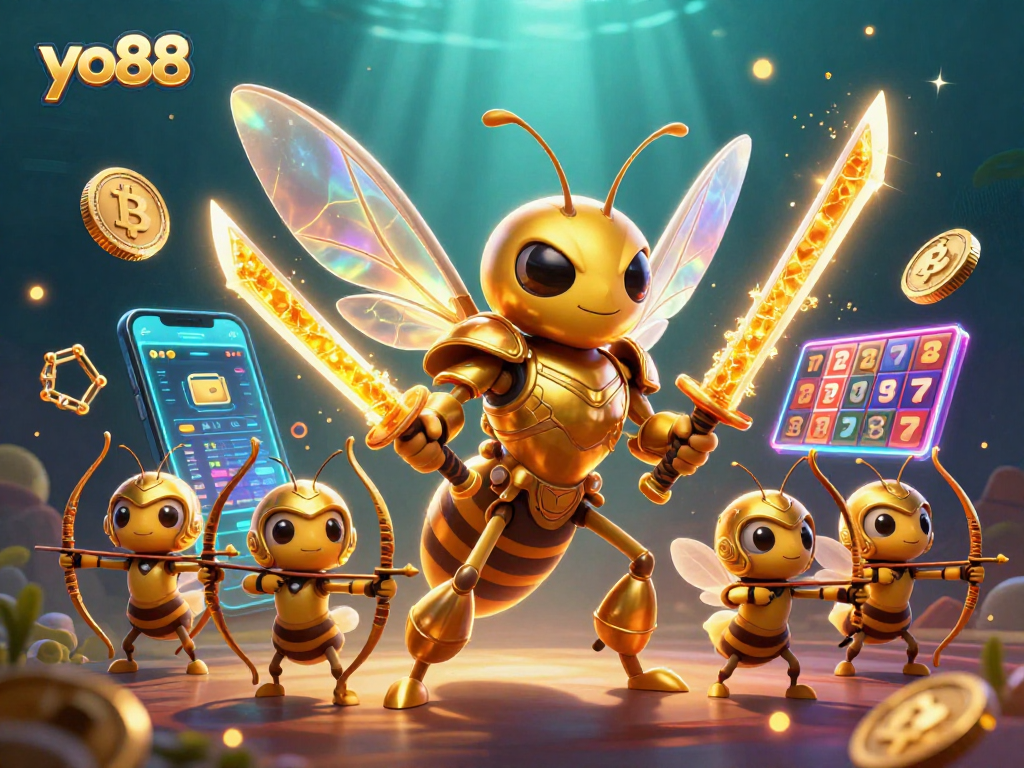 Experience casino thrills with yo88's vibrant illustrations combining crypto and gaming elements.