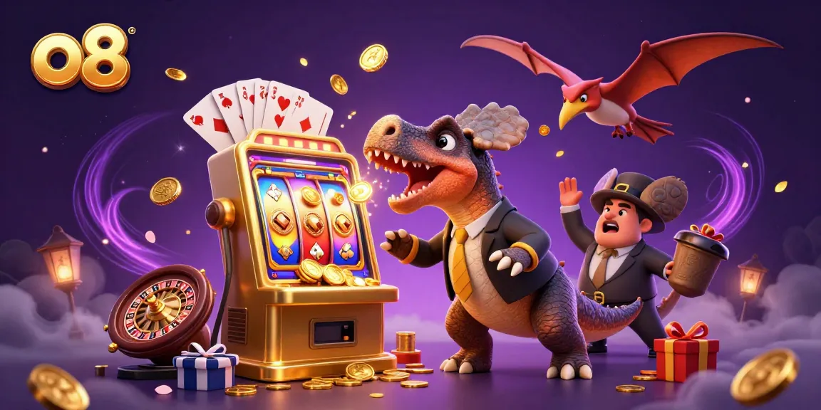 o8 slot machine excitement as a dinosaur headbutts for jackpot coins amidst dynamic casino elements