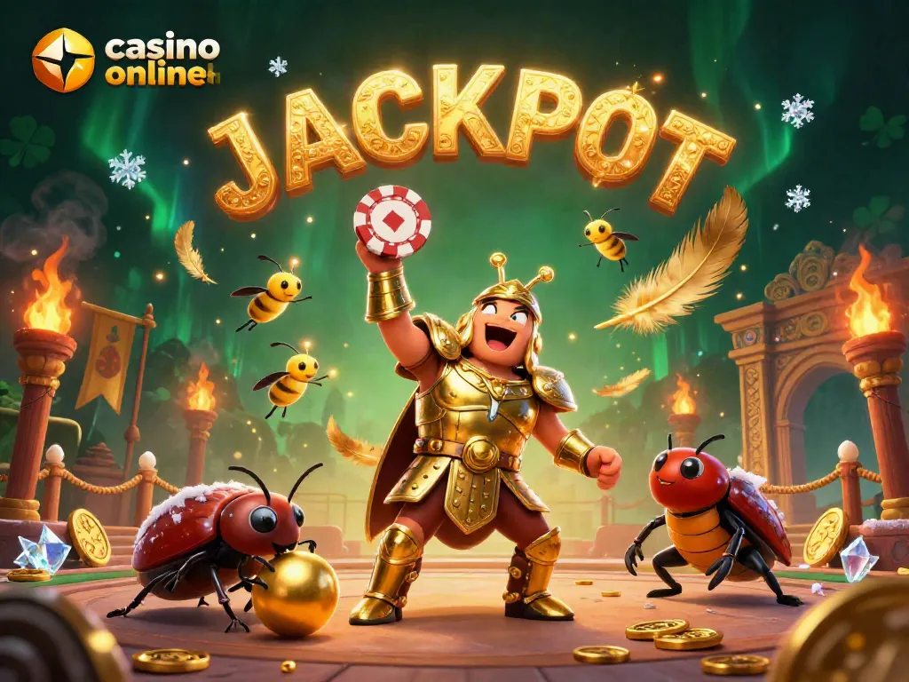 Ganancias en el casino online español con un héroe escarabajo y símbolos de fortuna.
