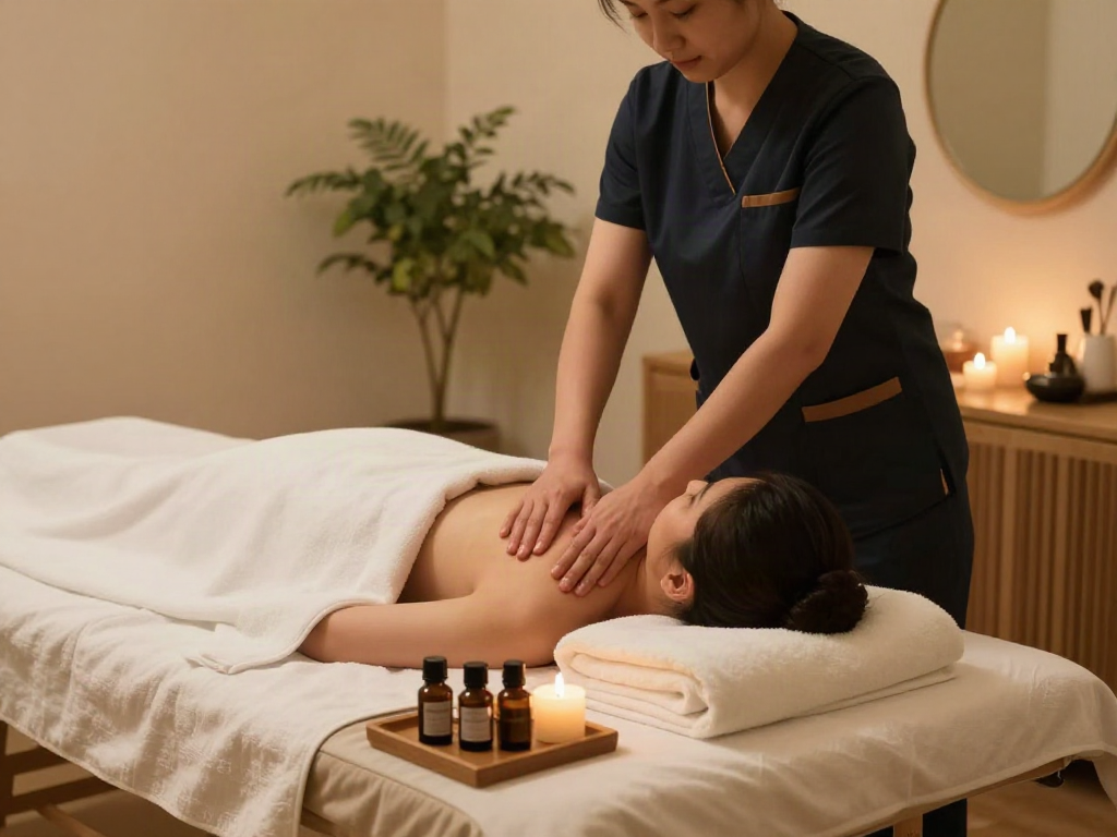 부천출장안마 therapeutic massage session in a serene room with calming ambiance