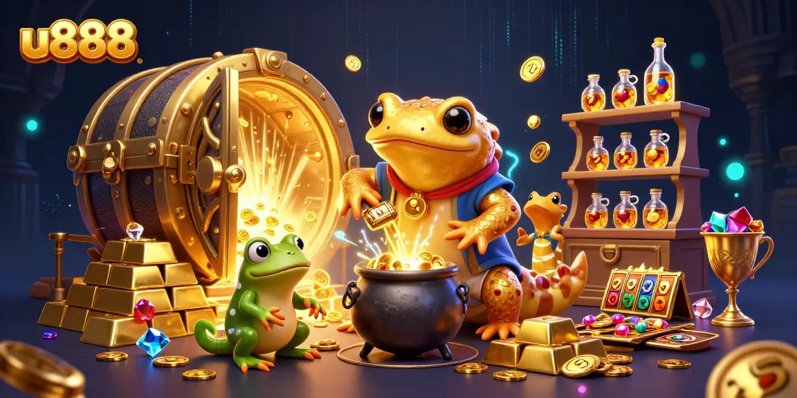u888 showcases a thrilling medieval casino scene with a golden salamander alchemist and vibrant gold treasures.