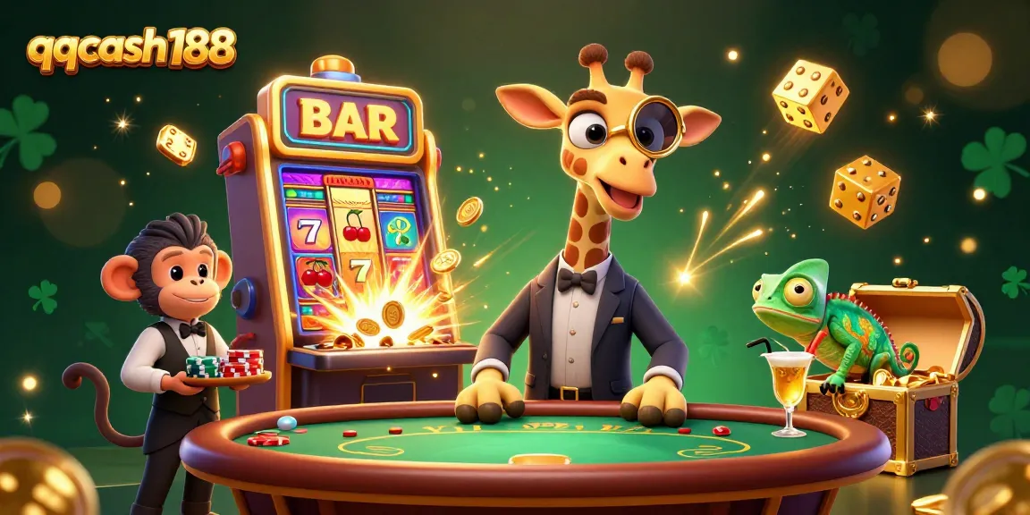 Experience the excitement of qqcash188 with a lively casino scene featuring unique characters and game elements.