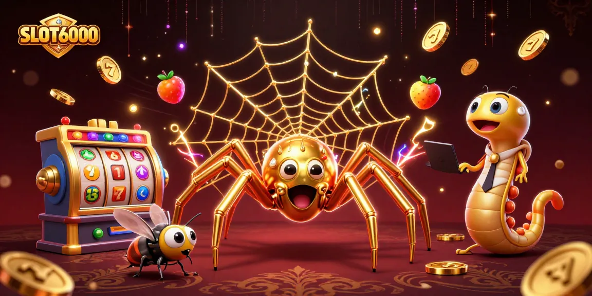 Engaging SLOT6000 slot machine scene with golden spider and lively characters betting in dynamic action.