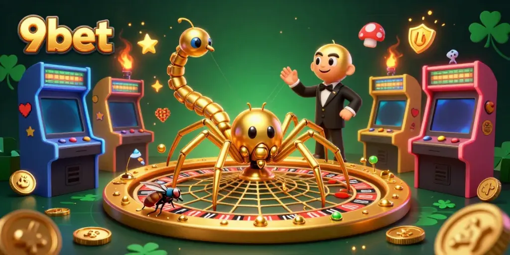 Watch the golden spider spin the 9bet roulette wheel while a fly nervously places bets.
