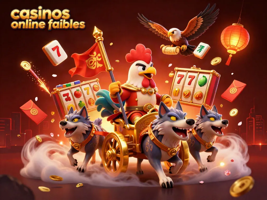 Visualiza los casinos online fiables y su ambiente vibrante con un guerrero gallo y elementos de juego.
