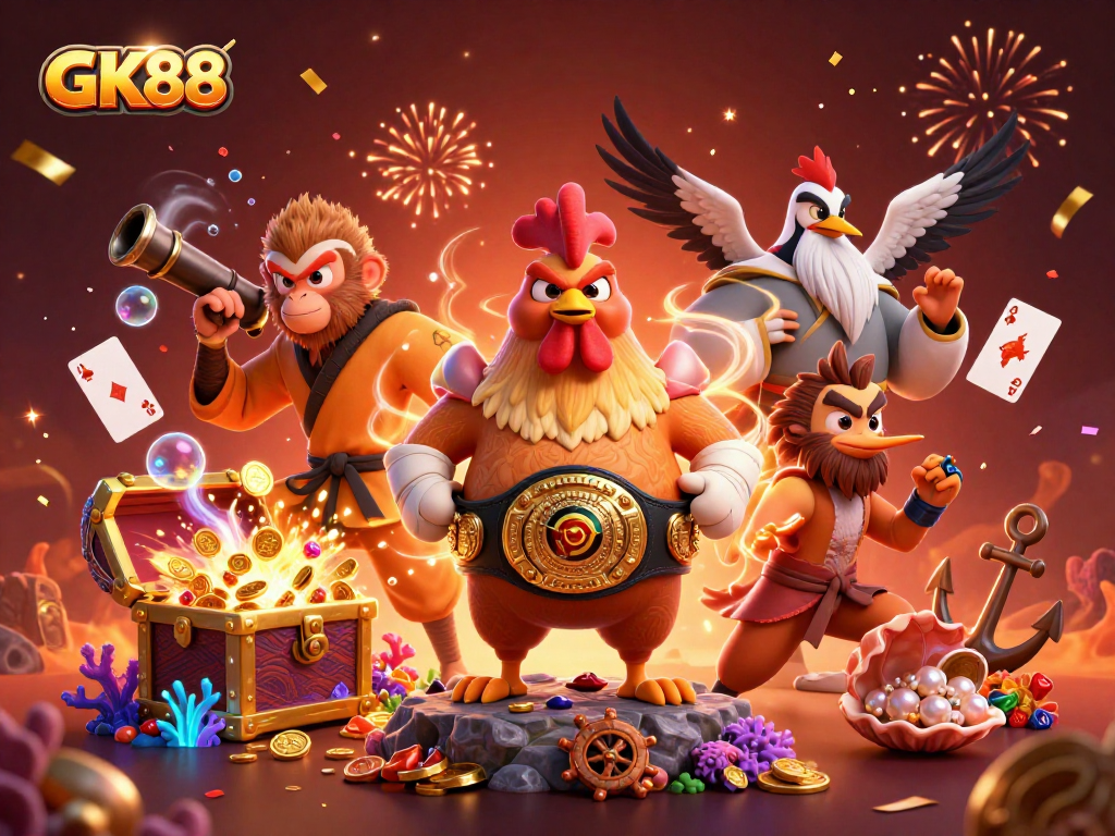 Experience GK88's vibrant casino scene with unique characters and underwater treasures amidst confetti and fireworks.