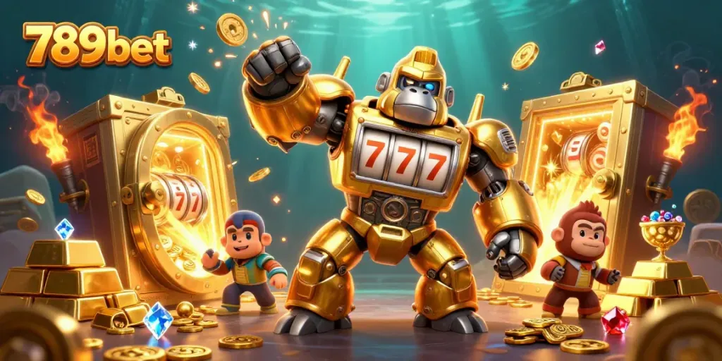 Join the adventure with 789bet's golden gorilla mech as it unleashes jackpots and treasure!