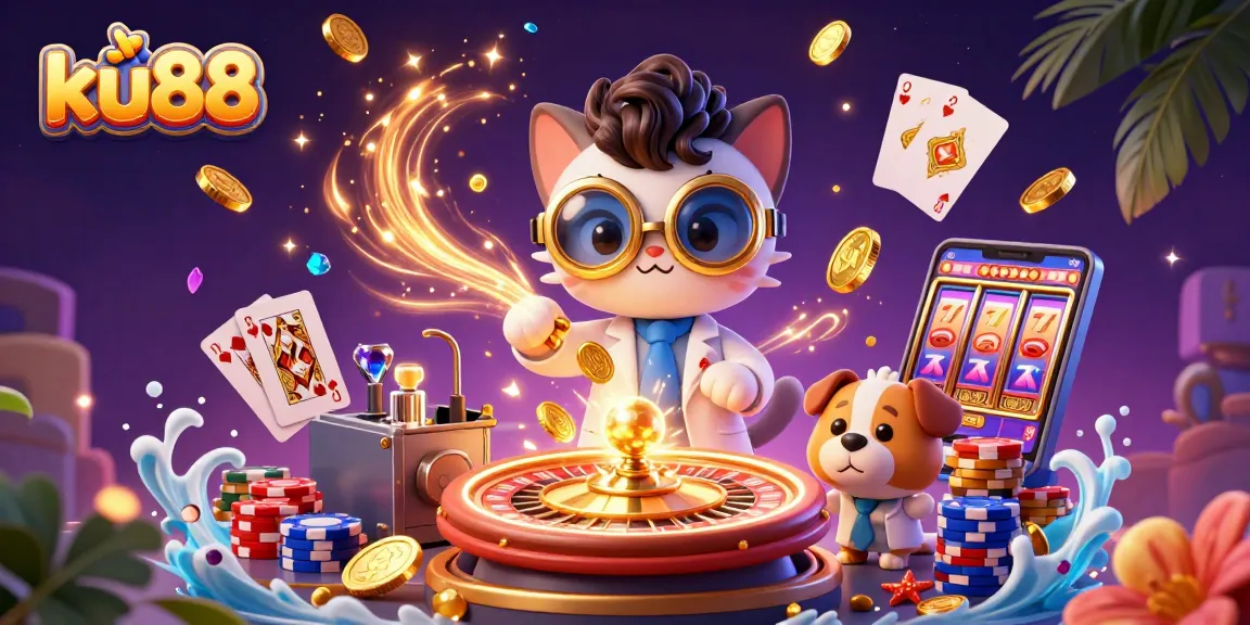 Engage with ku88's thrilling casino experience showcased by lively characters and dynamic gambling elements.
