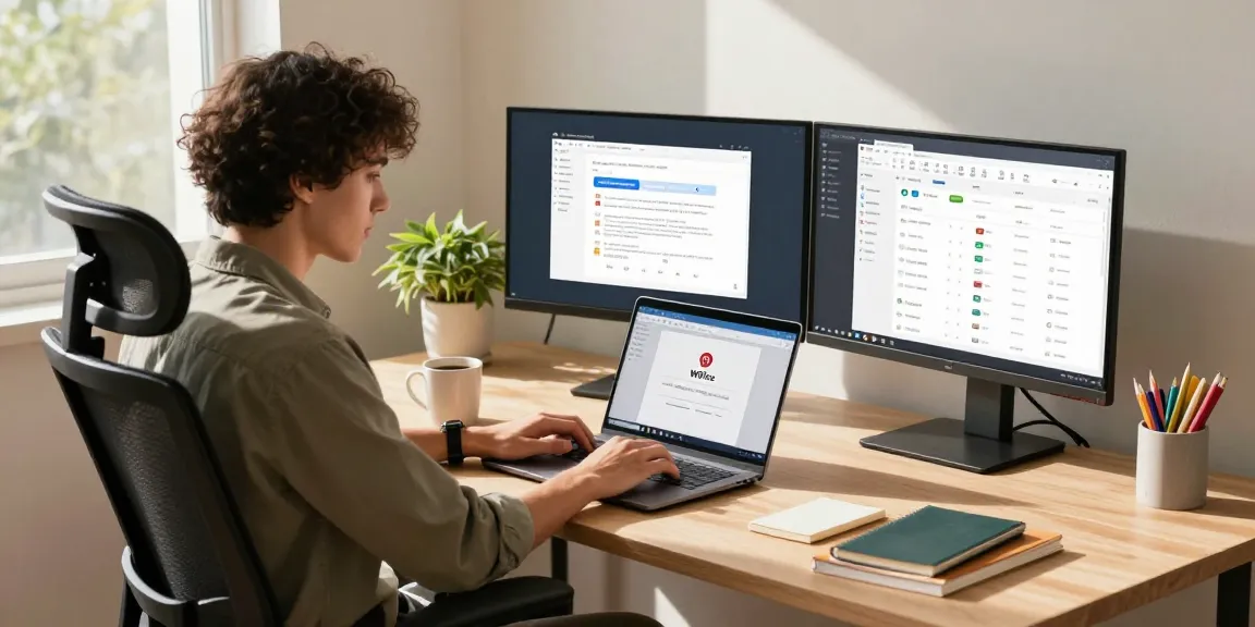 Download WPS Office in a modern home office setting with a professional at work.