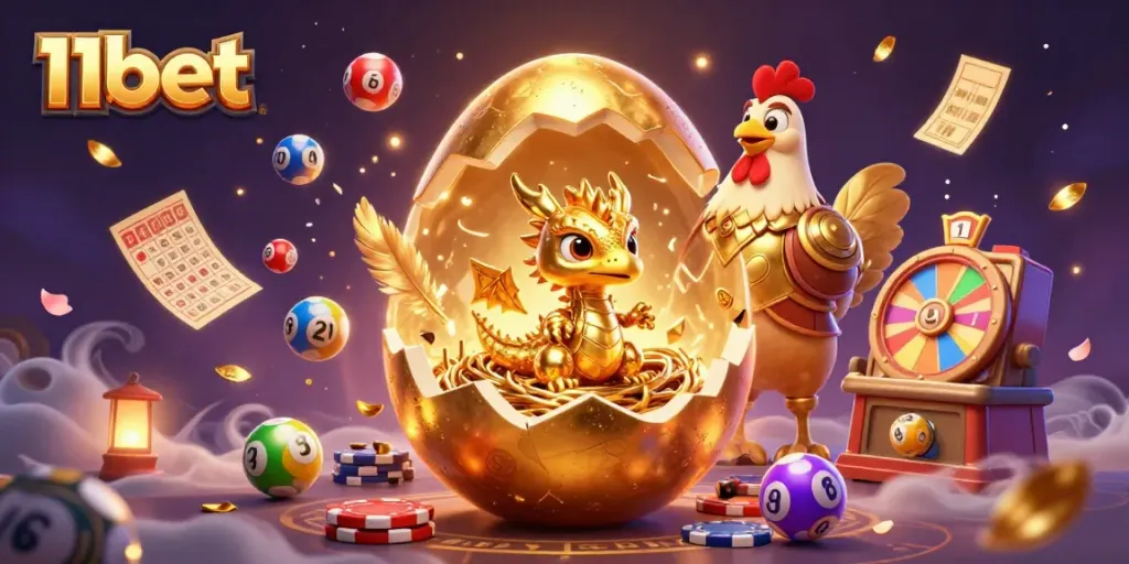 Win big with 11bet's exciting golden casino theme showcasing a baby dragon and poker chips.