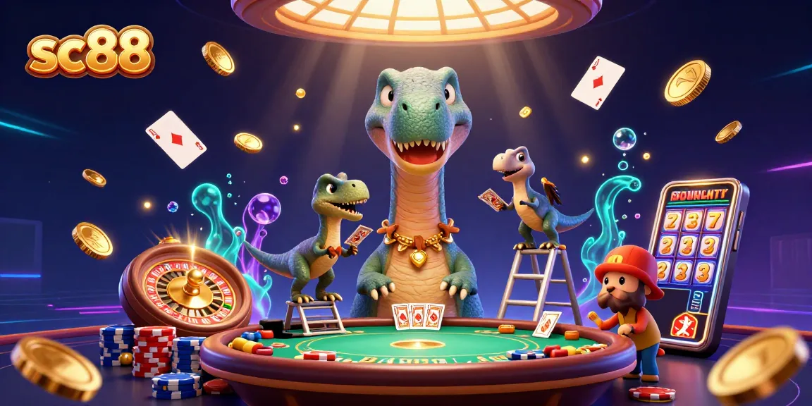 Experience exciting gaming at sc88 with a 3D dinosaur dealer and vibrant casino atmosphere.