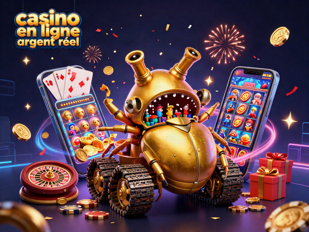 Jouer au casino en ligne argent réel avec une illustration dynamique d'une scène de casino miniature et de jeux colorés.