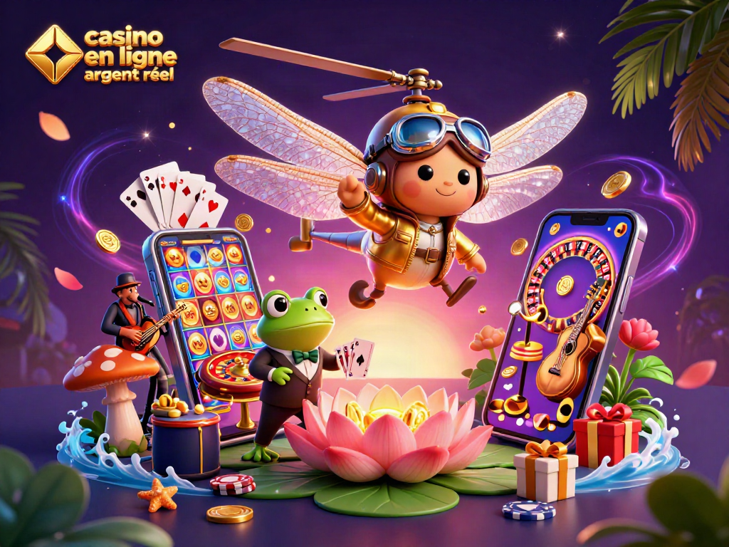 Jouez au casino en ligne argent réel avec une illustration vibrante, mettant en scène un pilote libellule et un croupier.
