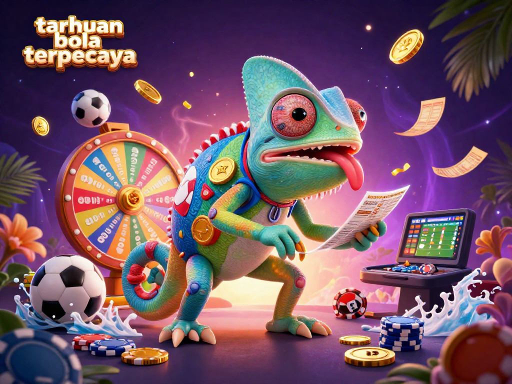 Experience taruhan bola terpercaya with vibrant sports betting elements and an engaging chameleon casino owner.