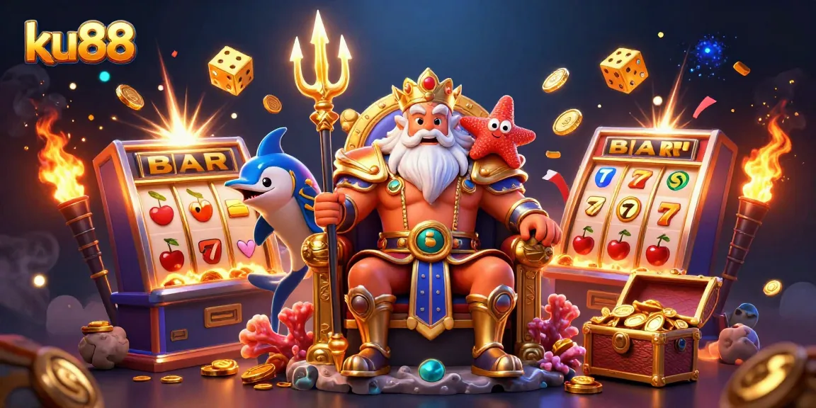 ku88 ignites thrilling casino excitement with Neptune and treasure in a vibrant 3D scene.