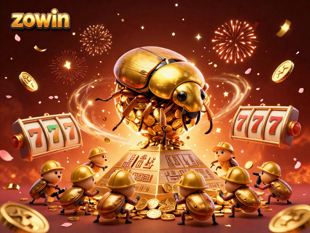 Experience zowin’s vibrant casino atmosphere with cartoon beetles, gold coins, and dynamic slot elements.