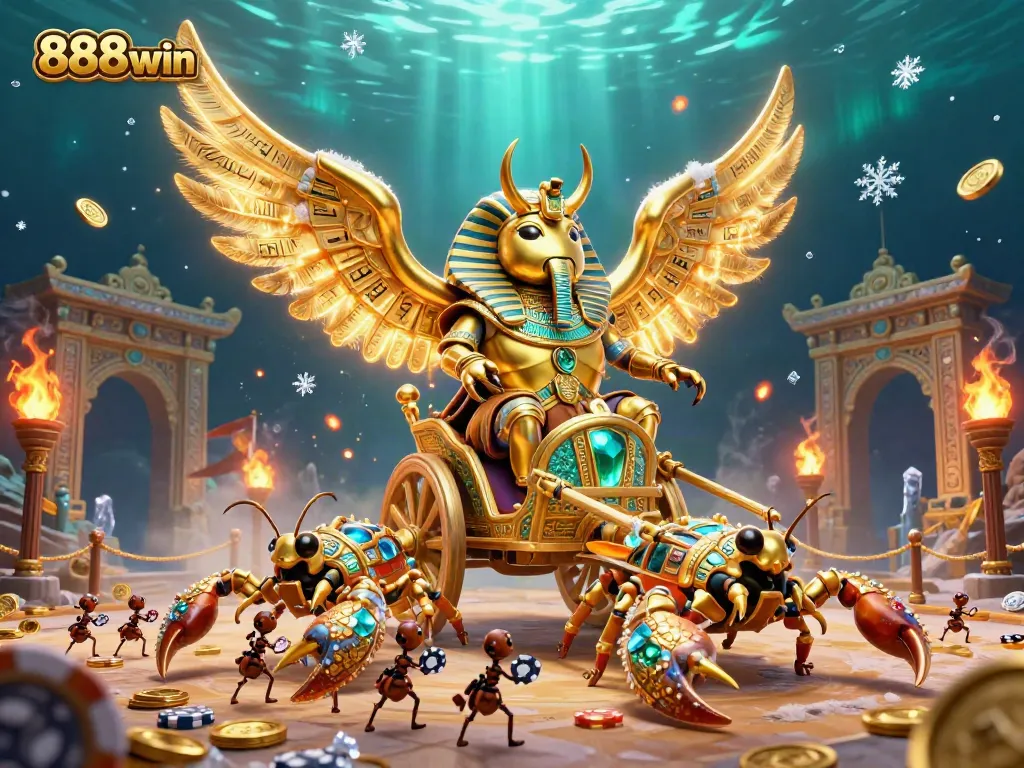 Engage in thrilling casino adventures with 888win's majestic golden scarab beetle and scorpion chariot.