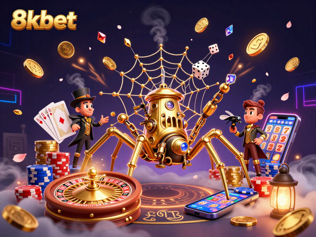 Experience thrilling moments at 8xbet as the steampunk spider catches unlucky dice in a vibrant casino world.