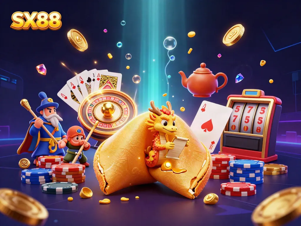 Experience the thrill of SX88 with a vibrant casino scene showcasing gold coins, roulette wheels, and a wise dragon.