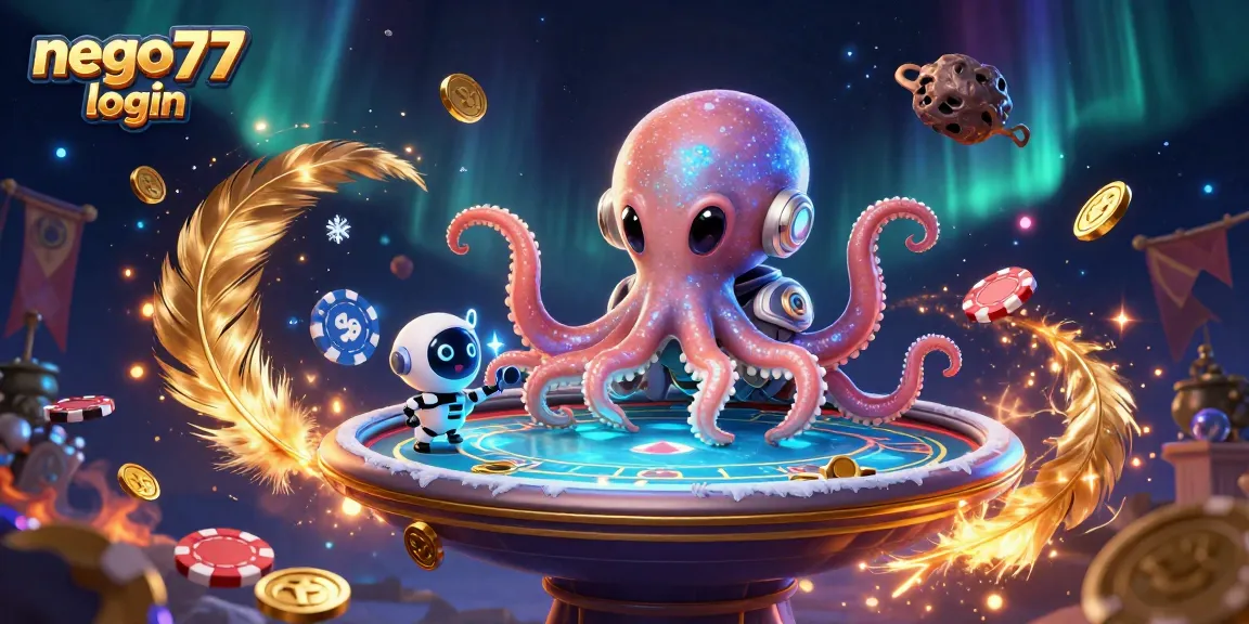 Experience the excitement of nego77 login with an alien octopus and robotic companion at a holographic poker table.